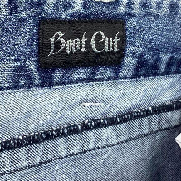 Wrangler Rock 47 Jeans Men 40X34 Blue Western Embroidery Bootcut Frayed Creased - Picture 9 of 10